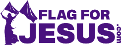 Flag For Jesus footer logo - woman figure holding two flags, the flags and her dress flowing in the wind.